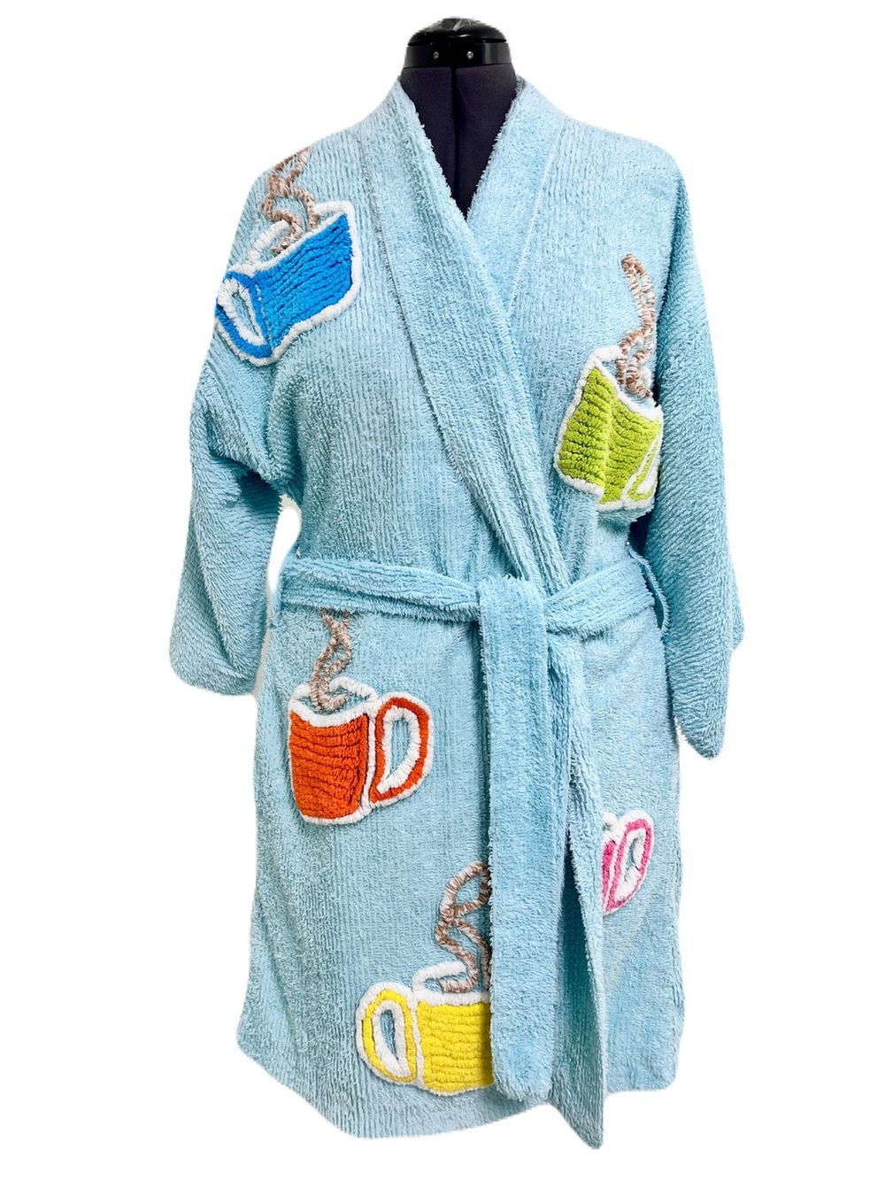 Vintage 90s Canyon Group by Damze Aqua Blue ‘Coffee Talk’ Bath Robe, Size M/L